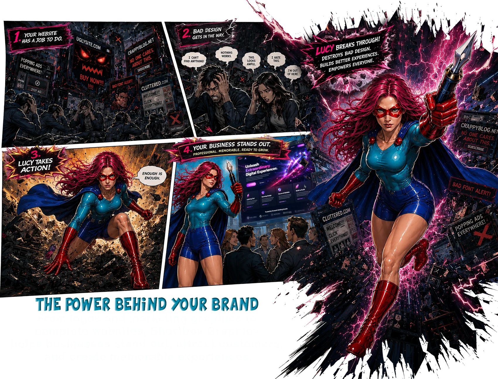 A comic-book story featuring Lucy, a pink-haired design superhero, battling cluttered websites and transforming a business with bold digital design.